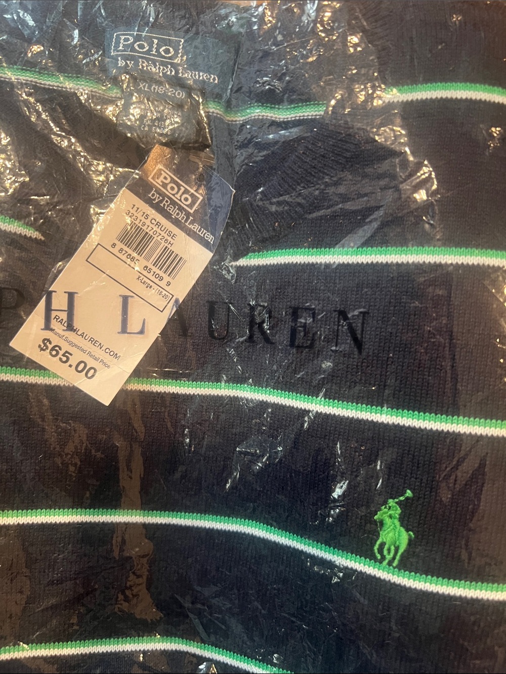 Polo by Ralph Lauren Navy Sweater with Green & White Stripes
